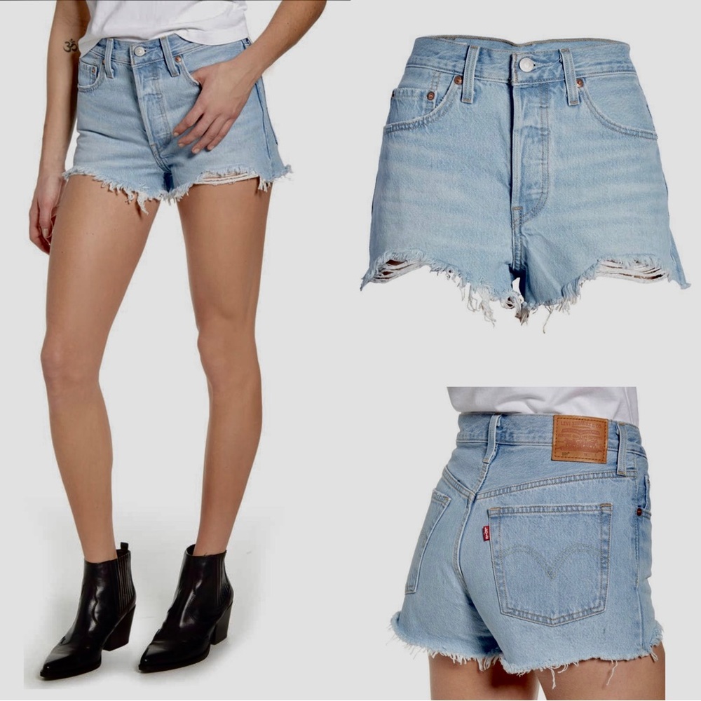 Levi's 501 Denim HighRise Light Blue Vintage Fray Hem Fitted Cotton Jean Shorts